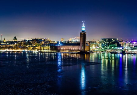 amazing city waterfront on a winter night - ice, lights, waterfront, city, night