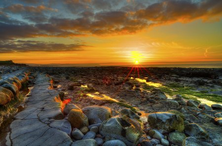 Coast Sunset - clouds, stones, sun, sky