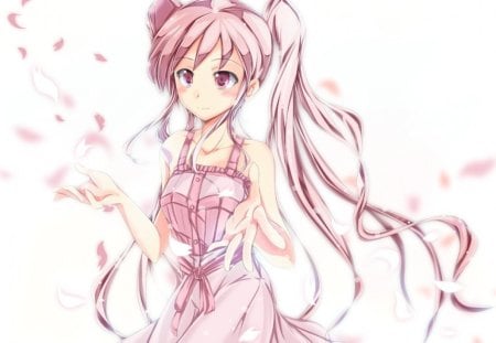 Sakura Miku - female, hot, sundress, simple, anime girl, white, petals, anime, miku, cute, pink eyes, hatsune miku, sexy, girl, twintails, long hair, pink hair, sakura miku, hatsune, vocaloids, floral, sakura, vocaloid, plain, dress, flower