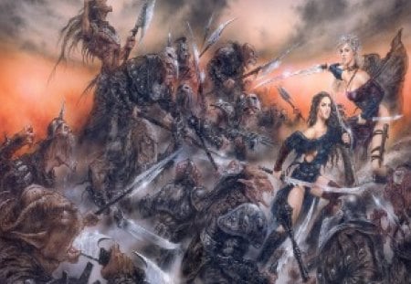 Fighting The Horde - women, orcs, battle, swords