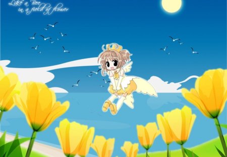 Like a Bee - gown, flower, cardcaptor, cute, kinomoto sakura, cardcaptor sakura card captor sakura, anime girl, adorable, girl, card cator, tiny, adore, small, floral, float, kawaii, sakura, anime, dress, sakura kinomoto, chibi, mini, female