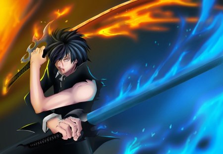 Ogami Rei - anime, warrior, guy, mad, ogami rei, boy, male, short hair, fire, hd, weapon, rei, ogami, sword, flame, code breaker, blade, angry, sinister, rei ogami, black hair, blaze