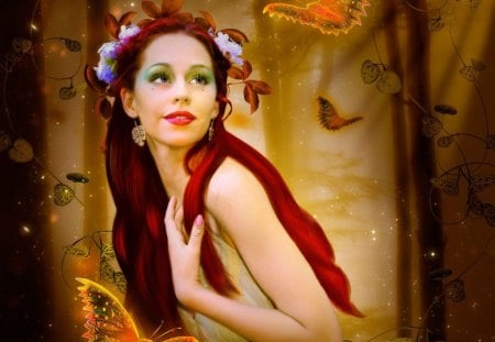 ~Splendor New Tale~ - pretty, fantastic, female, creative pre-made, butterflies, splendor, eyes, dress, photomanipulation, leaves, flowers, plants, face, women, beautiful, charm, digital art, models, colors, lovely, cool, hair, girls, colorful, fantasy, ivy, lips, redhead