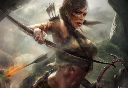 Lara Croft - female, girl, weapons, brown hair, singlet, lara croft, arrows, tomb raider, games, bow, video games