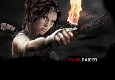 Lara Croft - female, girl, weapons, brown hair, arrow, fire, lara croft, tomb raider, flames, games, bow, video games