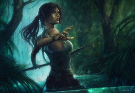 Lara Croft - female, girl, weapons, brown hair, singlet, lara croft, tomb raider, games, bow, video games