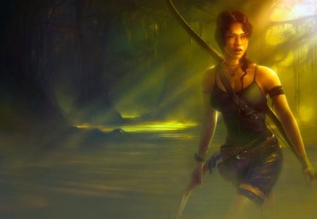 Lara Croft - female, girl, weapons, brown hair, singlet, lara croft, tomb raider, games, bow, video games