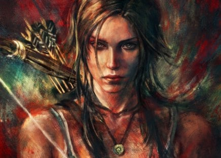 Lara Croft - female, girl, weapons, brown hair, lara croft, arrows, tomb raider, games, bow, video games