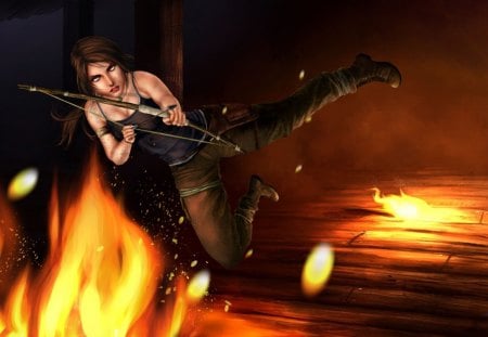 Lara Croft - weapons, brown hair, fire, lara croft, tomb raider, flames, games, bow, video games