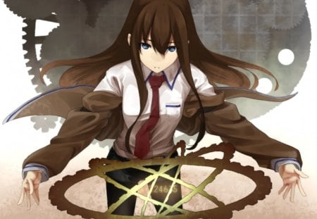 Makise Kurisu - hot, creepy, female, evil, anime girl, brown hair, sinister, anime, horror, cute, sexy, girl, shirt, long hair, jacket, tie, gears