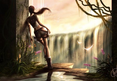 Lara Croft - female, guns, girl, waterfall, lara croft, tomb raider, shorts, games, video games, lone