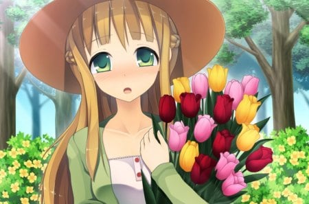 Pretty Tulips - nice, female, cap, hat, anime girl, bouquet, brown hair, pretty, anime, cute, maiden, lady, girl, long hair, lovely, hd, green eyes, kawaii, floral, sweet, tulip, blush, flower