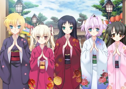 K I M O N O - friend, cute, anime girl, girl, cloud, pretty, kawaii, short hair, sweet, anime, yukata, hd, team, sky, long hair, group, nice, lovely, kimono, female