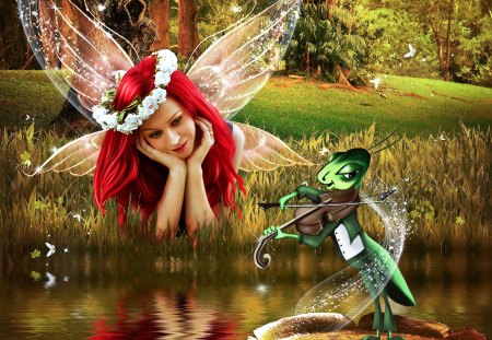 ~Sweet Magic Melody~ - pretty, fantastic, magic, female, creative pre-made, butterflies, splendor, photomanipulation, flowers, melody, plants, women, trees, beautiful, pond, charm, backgrounds, digital art, models, lovely, girls, fantasy, lakes, animals