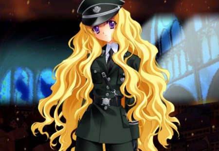 O F F I C E R - purple eyes, cute, blond hair, blonde, hot, anime, anime girl, girl, long hair, blond, blonde hair, cap, uniform, sexy, female