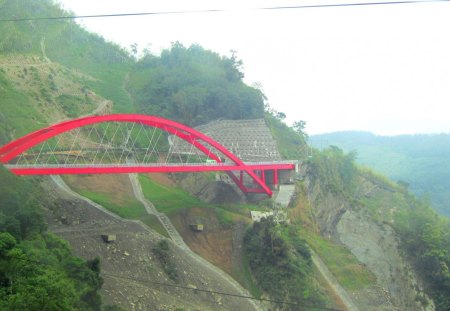 Red bridge in the high mountain - mountain walls, bridge, mountain, red