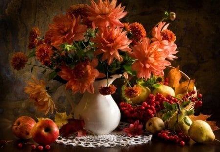 Still Life - food, flowers, apples, pears