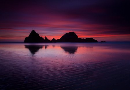 rocky island on beach at purple twilight - purple, rocks, island, beach, twilight