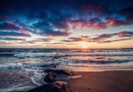 fantastic beach sunset hdr - beach, clouds, hdr, sunset, sea, rocks, waves