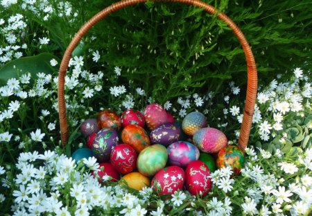 Just beautiful - eggs, flowers, basket, fresh, grass, holidays, Easter