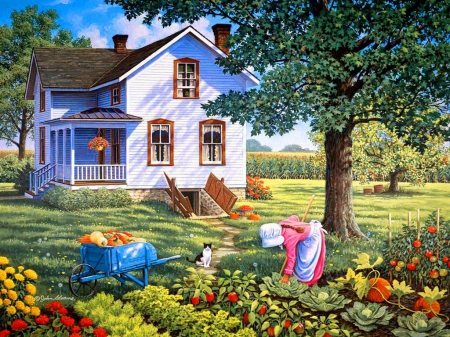 Countryside life - pretty, quiet, summer, cabin, cart, grass, child, flowers, countryside, garden, nice, fruits, art, vegetables, cottage, house, greenery, kid, beautiful, lovely, freshness, life, tree, village, nature, painting, serenity, peaceful