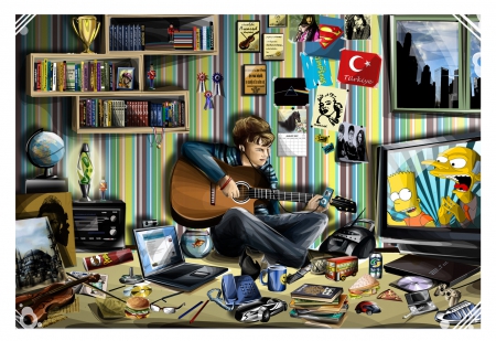 His Messy Room - books, tv, boy, telephone, guitar, television