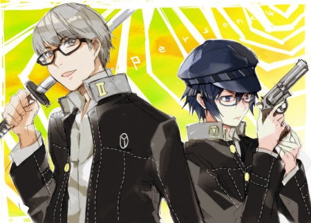 yu and naoto - persona, sword, fight, gun