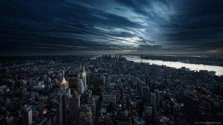 glorious view of new york city - clouds, river, sundown, view, skyscrapers, city