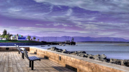 wonderful bay overlook - benches, purple, docks, clouds, overlook, bay