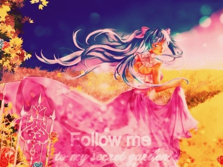 ~My Secret Garden~ - hatsune miku, blue hair, vocaloid, beautiful, anime, pink dress, ponytails