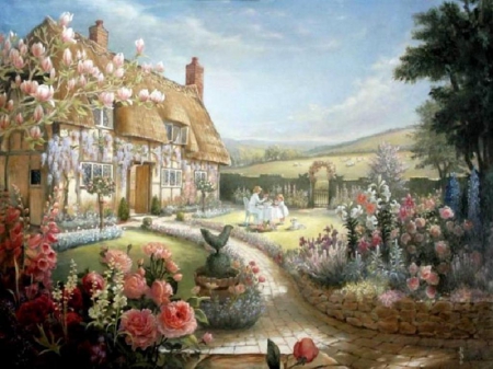 Country Home - flowers, house, path, trees, fantasy, people