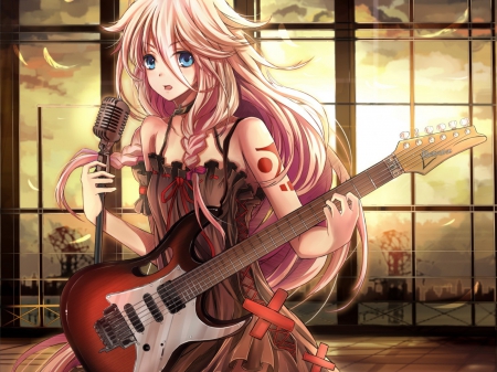 i will sing you one love song - guitar, vocaloid, anime, sunset, ia