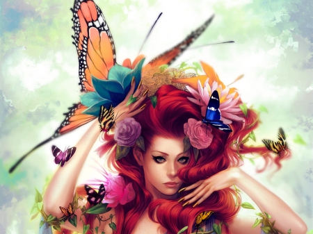 Nature Beauty - beauty, sky, animals, nature, butterfly, insects, clouds, flowers, red head