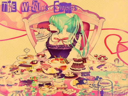 The Worlds Sweets - anime, vocaloid, desserts, food, table, sweets, hatsune miku, colorful, feast, cakes, candy