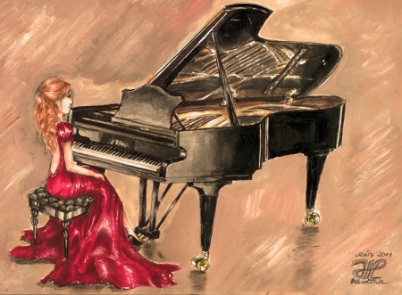 Passion - piano, passion, woman, red, dress