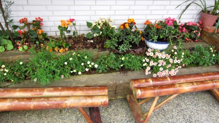 Take a rest - flowers, bamboo seat, take a rest, colorful