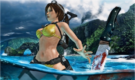 Lara Croft - female, water, cg, knife, bikini, lara croft, tomb raider, games, video games