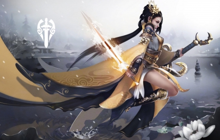 Skimming the Lake - lake, female, water, anime girl, fantasy, armor, armour, sword, weapons