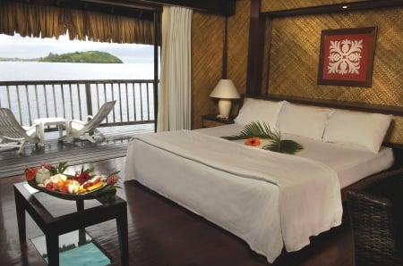 Le Maitai room suite Bora Bora - lagoon, pacific, room, island, polynesia, interior, tahiti, bed, holiday, view, atoll, hotel, escape, Le Maitai, south, luxury, sea, resort, bedroom, ocean, Bora Bora, vista, suite, islands, design, retreat