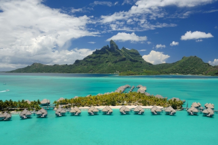 View from St Regis Resort Bora Bora - pacific, paradise, bungalows, hawaii, escape, coral, view, holiday, south, mountain, islands, huts, villas, sea, retreat, beach, water, st regis, polynesia, bora bora, atoll, lagoon, resort, sand, stilts, ocean, vista, reef, peak, exotic, blue, island, tahiti