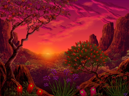 Outback Garden - sky, trees, outback, flowers, sunset, mountains, fantasy