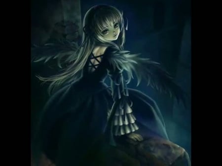 Suigintou - anime, female, dress, gloomy, evil, long hair, dark, scary, gloom, suigintou, horror, scare, rozen maiden, anime girl, hot, girl, darkness, pitch black, black, sinister, sexy, eerie