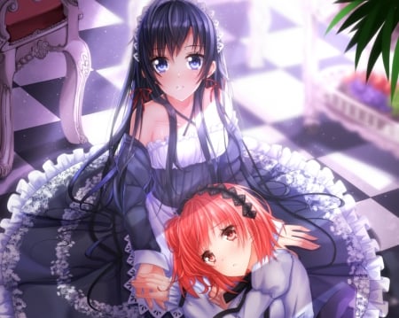 Friends - gown, anime, anime girl, female, hot, dress, girl, lying, long hair, short hair, red hair, redhead, blue hair, cute, sexy