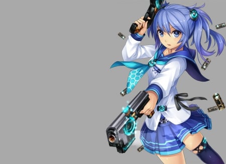 Gun n Bullet - gun, female, hot, simple, anime girl, anime, cute, sexy, skirt, girl, warrior, twintails, long hair, school uniform, blue hair, hd, bullets, plain, weapon, uniform