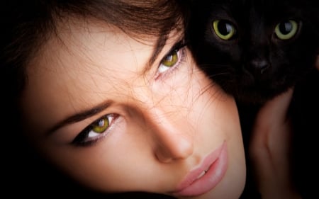 Girl and cat - animal, black, beauty, green eyes, cat, girl, woman