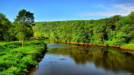 House on the riverbank - pretty, summer, cabin, forest, reflection, villa, shore, riverbank, view, lake, nice, cottage, house, greenery, trees, water, beautiful, lovely, river, nature, green