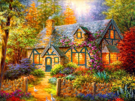 Countryside cottage - nice, cottage, trees, animals, paradise, peaceful, countryside, chimey, colorful, path, painting, art, quiet, rural, pretty, house, alleys, tree, garden, rustic, lovely, serenity, large, nature, beautiful, cabin, flowers, flower