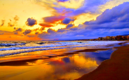 GOLDEN EVENING - clouds, Crete, town, Greece, beach, evening, sea, island, resort, sand, Rethymno, sunset, cabins, sky