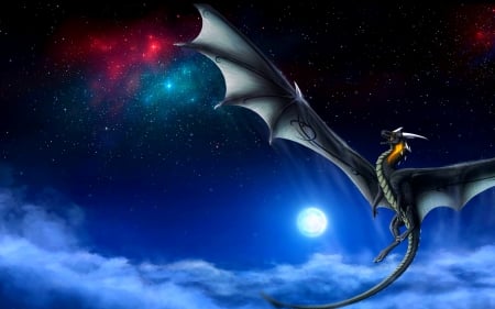 MYSTIQUE CREATURE - tail, flying, sky, sky wallpaper, night, dragon, wings, fiction