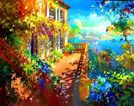 One sunny day - nice, cottage, freshness, sun, countryside, water, colorful, villa, painting, view, art, pretty, sunny, house, rays, lake, day, summer, picturesque, place, lovely, nature, bright, village, blue, beautiful, flowers, sea